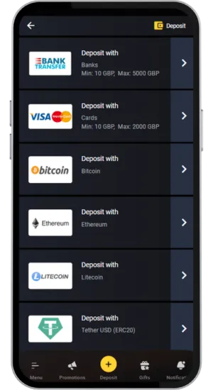 Casino deposit bonus screen